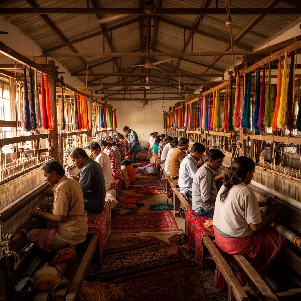 Large team of artisan weavers working at traditional handlooms
