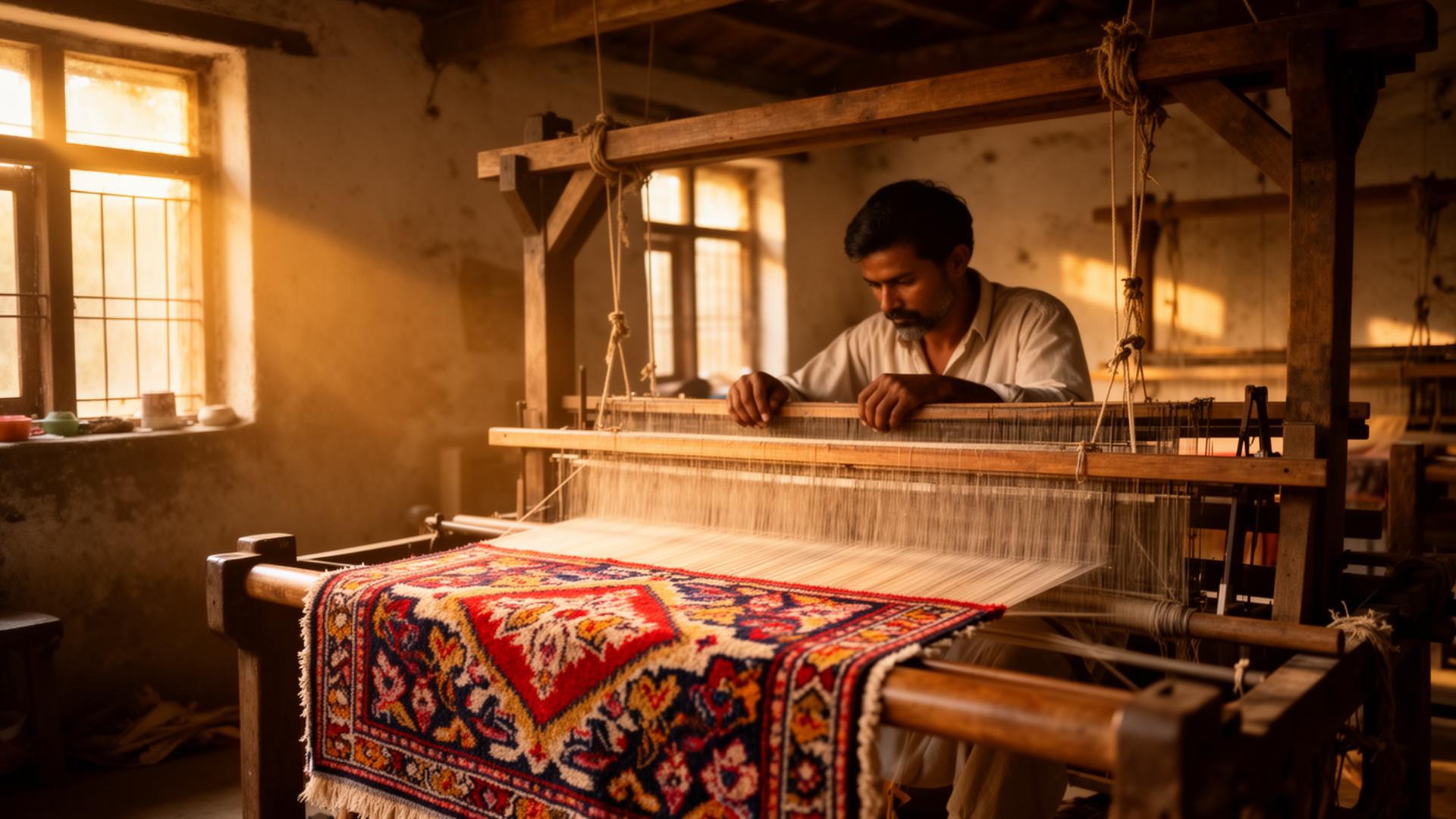 Master weaver crafting a heritage rug at a traditional handloom