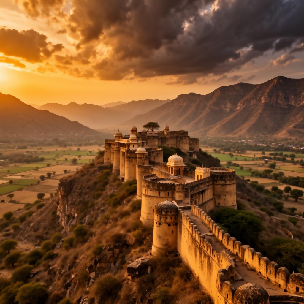 Ancient Rajasthani fort perched atop a mountain at golden hour