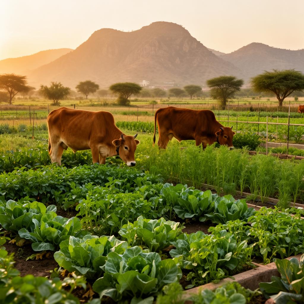 Organic garden with cows grazing and mountains in the background