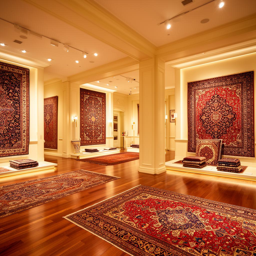 Elegant luxury rug showroom with handwoven carpets on display